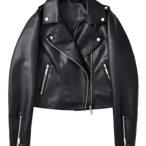 Veste biker femme en similicuir noir – Coupe ample, zippée, style streetwear