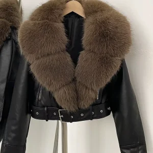 Veste courte femme – Manteau en PU avec fausse fourrure douce et poches pratiques, style chic