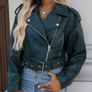 Veste biker femme en similicuir – Coupe ample et courte avec ceinture et fermeture éclair