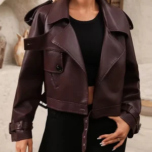 Veste femme rétro en faux cuir – Coupe ample et ceinturée, look streetwear chic