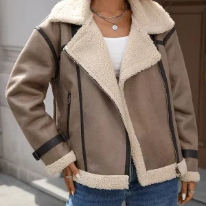Veste femme automne-hiver en fausse fourrure d’agneau – Style vintage ample et épissé avec fermeture éclair