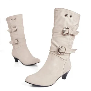 Bottes mi-mollet en cuir PU pour femmes, chaussures à enfiler rondes